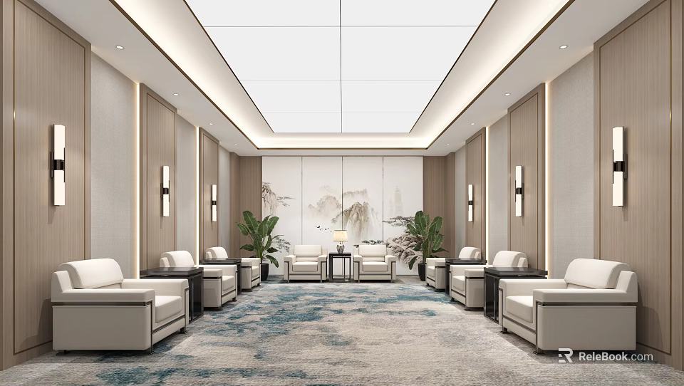 Modern Minimalist Reception Room With White Sofas Coffee Tables And Landscape Painting 3d model 