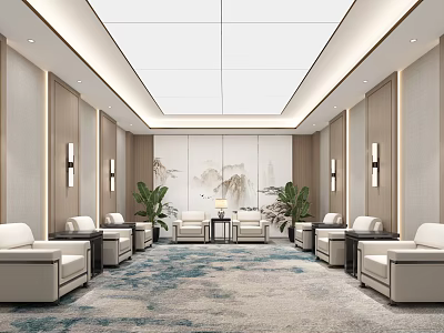 Modern Minimalist Reception Room With White Sofas Coffee Tables And Landscape Painting 3d model