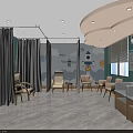 Cozy Waiting Room Interior Featuring Teal Walls Curtains Chairs Tables And Decorative Posters