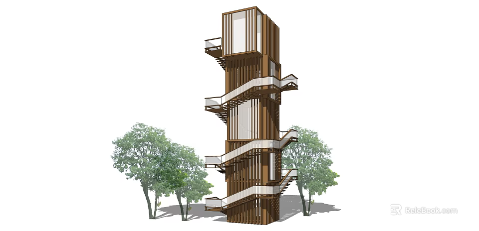 Modern Wooden Tower Exterior with Spiral Staircase Surrounded by Green Trees 3d model 