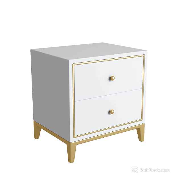 White Console Side Cabinet With Double Drawers Gold Accents Knobs And Legs Design 3d model