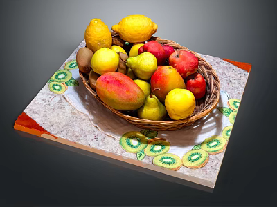 Basket of Fresh Fruits Including Lemon Mango Apple and Pear on Kiwi Pattern Mat 3d model