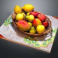 Basket of Fresh Fruits Including Lemon Mango Apple and Pear on Kiwi Pattern Mat