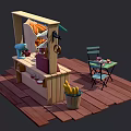 Small Wooden Bakery Stall with Green Blue Awning Assorted Bread Shelves and Outdoor Table Chairs