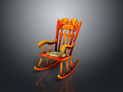 Classic Wooden Rocking Chair with Carved Backrest and Patterned Seat Design 3d model