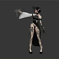 3D Female Character Model With Horns Holding Gun In Black Green Outfit And High Heels