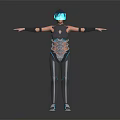 Futuristic Sci Fi Character In Mechanical Costume With Blue Accents Helmet Standing Arms Outstretched