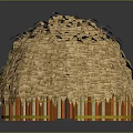 Cartoon Scene Featuring Round Hut With Thatched Roof and Orange White Striped Base