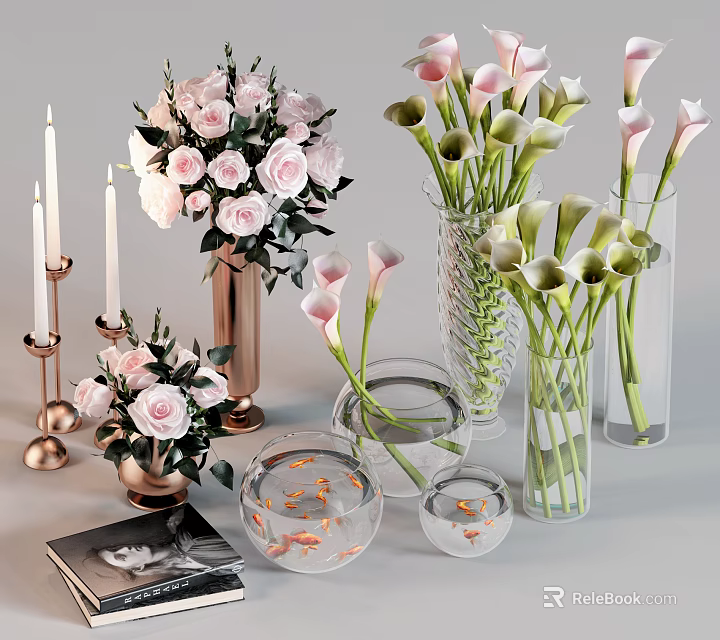 Beautiful Flower Arrangements in Copper and Transparent Vases with Pink Roses and Calla Lilies 3d model 