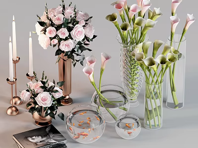 Beautiful Flower Arrangements in Copper and Transparent Vases with Pink Roses and Calla Lilies 3d model