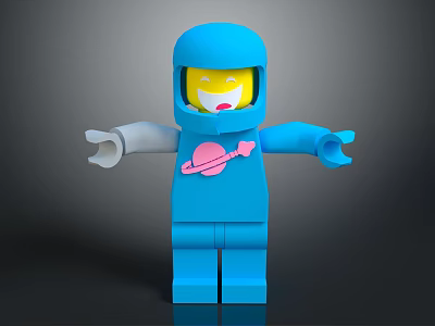 Blue Lego Astronaut In Blue Spacesuit With Pink Planet Graphic Yellow Face And Outstretched Hands 3d model