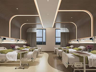 Modern Hospital Outpatient Ward With Clean Beds Bedside Tables Green Pillows And Windows 3d model