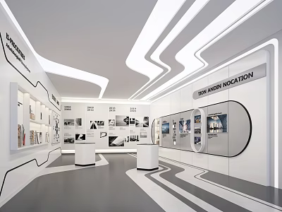 Innovative Showroom Interior Design With Modern Lighting White Black Elements And Exhibits 3d model