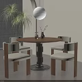 Round Wooden Dining Table With Four Chairs Vases Palm Plants Hanging Lamp And Blinds