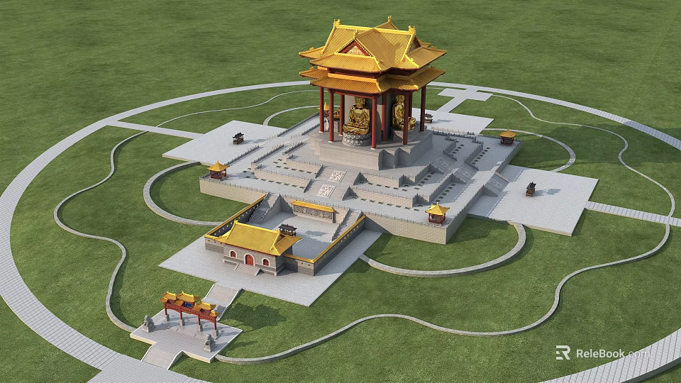 Traditional Chinese Ancient Architecture With Golden Roof Elevated Platform And Green Lawn Paths 3d model 