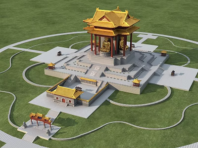 Traditional Chinese Ancient Architecture With Golden Roof Elevated Platform And Green Lawn Paths 3d model