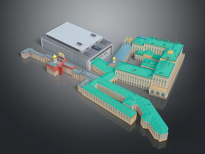 Architectural Complex 3D Model With Green Roofs Golden Domes And Historic Building Structures 3d model
