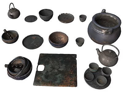 Diverse Ceramic Wares Display with Teapots Bowls Plates Cups and Pots 3d model