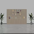 Modern Beige Console Side Cabinet With Storage Shelves Drawers And Green Plant