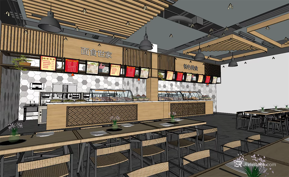 Modern Restaurant Interior With Wooden Ceiling Menu Boards Display Counters And Dining Tables 3d model