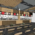 Modern Restaurant Interior With Wooden Ceiling Menu Boards Display Counters And Dining Tables 3d model