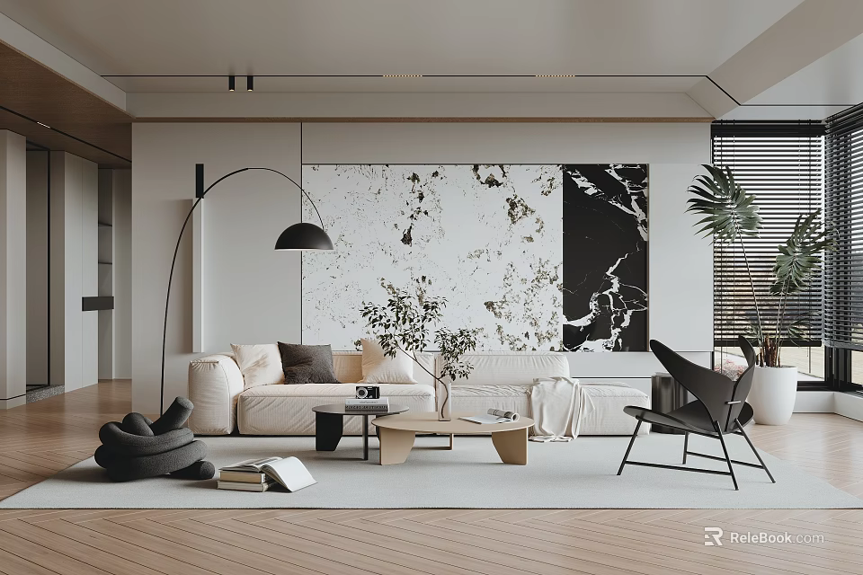 Modern Living Room Interior With Light Sofa Decorative Painting Floor Lamp And Armchair 3d model 