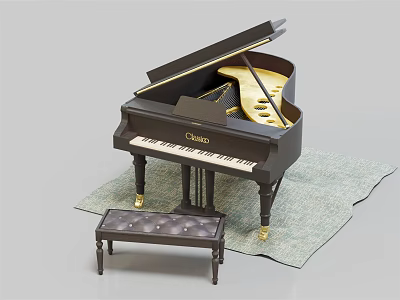 Elegant Black Grand Piano Musical Instrument with Leather Bench on Gray Carpet 3d model