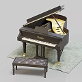 Elegant Black Grand Piano Musical Instrument with Leather Bench on Gray Carpet