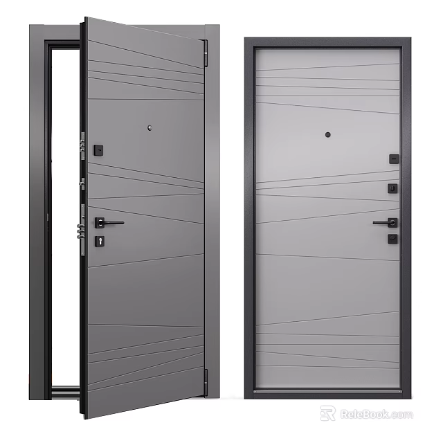 Modern Swing Door Design With Geometric Lines Gray Finish And Secure Lock 3d model 