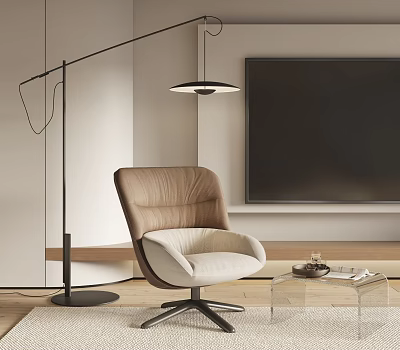 Beige and Brown Armchair in Modern Living Room with Floor Lamp TV Glass Coffee Table 3d model
