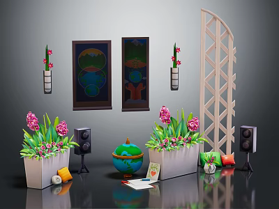 Modern Home Electronic Appliances Setup Featuring Speakers Flower Arrangements And Decor 3d model