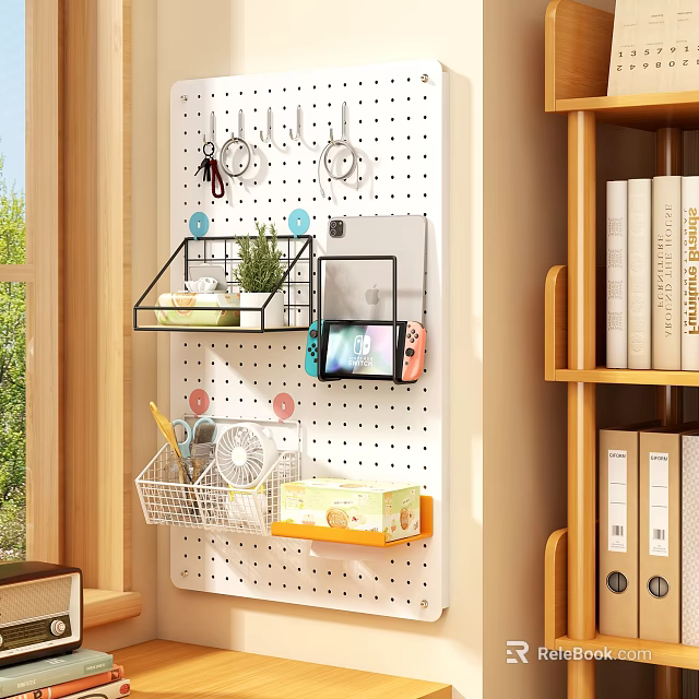 Wall Pegboard Organization with Hooks Small Plant Switch Console Wire Basket Stationery and Yellow Box 3d model 