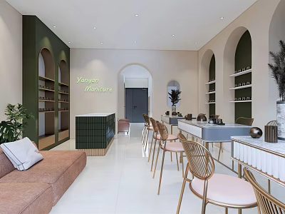 Elegant Modern Beauty Hair Salon Interior With Comfortable Sofa Stylish Chairs And Green Plants 3d model