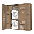 Modern Laundry Storage Cabinet With Louvered Doors Internal Shelves And Stacked Washing Machines