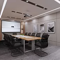 Public Office Space With Modern Desks Computers Linear Ceiling Lights And Decorative Artworks