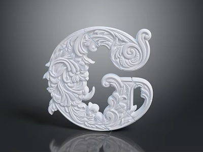 Intricate Plant Carving On White Decorative Letter G With Dark Background And Reflective Surface 3d model