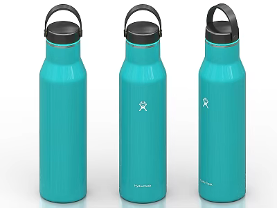 Blue Stainless Steel Water Bottles with Black Lids Handles and White Logo Design 3d model