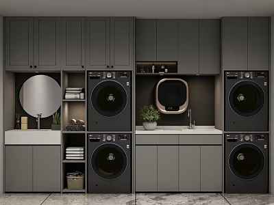 Modern Gray Bathroom Cabinetry With Washing Machine Dryer Mirror Sink Countertop And Storage 3d model