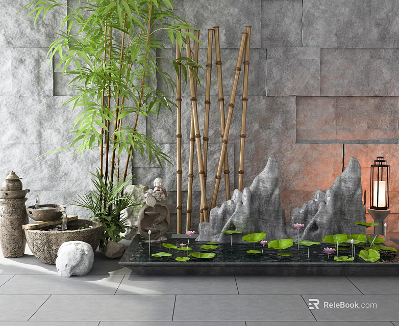Traditional Garden Ornament With Bamboo Rock Formations Small Pond Lotus Leaves And Lantern 3d model 