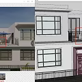 Detached Villa With White Exterior Purple Door Balcony People Sitting And Blue Umbrella
