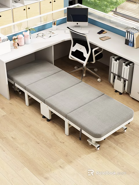 White Office Desk With Extendable Gray Cushion Black White Chair Books Decor And Wooden Floor 3d model 