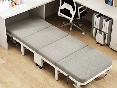 White Office Desk With Extendable Gray Cushion Black White Chair Books Decor And Wooden Floor 3d model