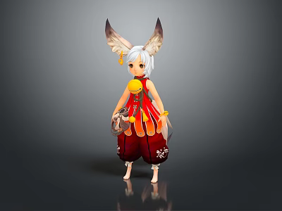 Cute Game and Movie Character With White Hair Animal Ears and Red Traditional Dress 3d model