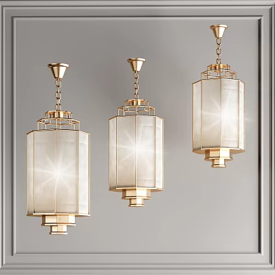 Modern Chinese Style Square Chandeliers With Golden Frame And White Lampshade 3d model