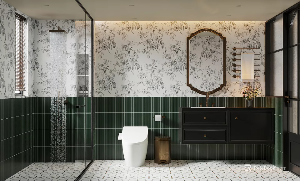 Elegant Retro Bathroom With Floral Wallpaper Dark Green Tiles Smart Toilet And Glass Shower Enclosure 3d model 