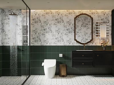 Elegant Retro Bathroom With Floral Wallpaper Dark Green Tiles Smart Toilet And Glass Shower Enclosure 3d model