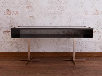 Stylish Black Console Table With Metal Legs On Wooden Floor Against Textured Wall 3d model