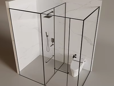 Modern Shower Head In Glass Enclosure With Marble Wall And Toilet Bathroom Design 3d model