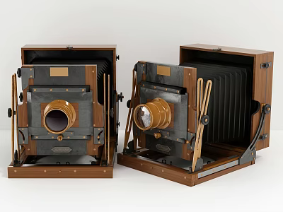 Pair of Vintage Wooden Cameras With Foldable Structure And Brass Lenses 3d model