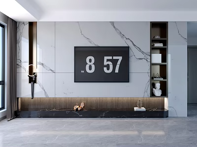 Modern TV Background Wall Interior With Marble Texture Platform Decorations Shelves And Books 3d model